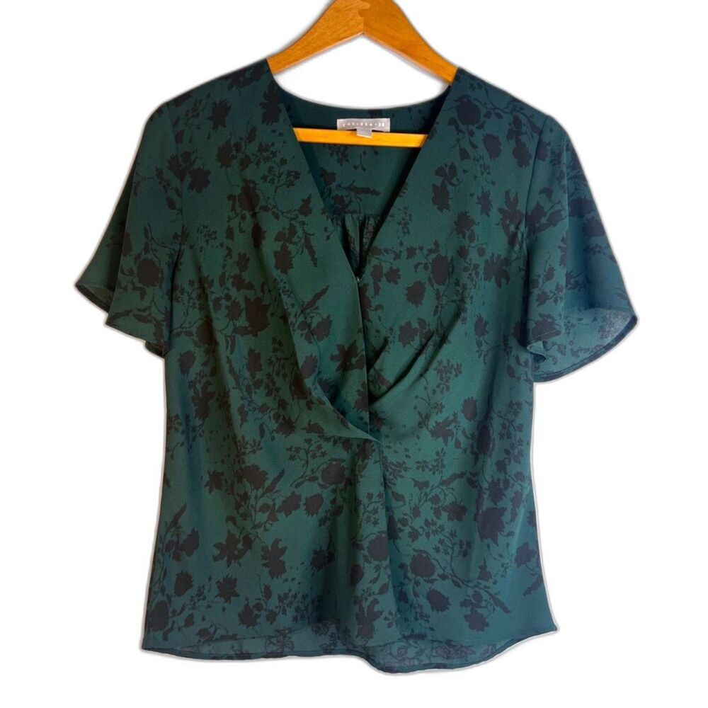 Chelsea 28 Floral Blouse Dark Green Draped Front Flutter Sleeve SZ Small Dressy